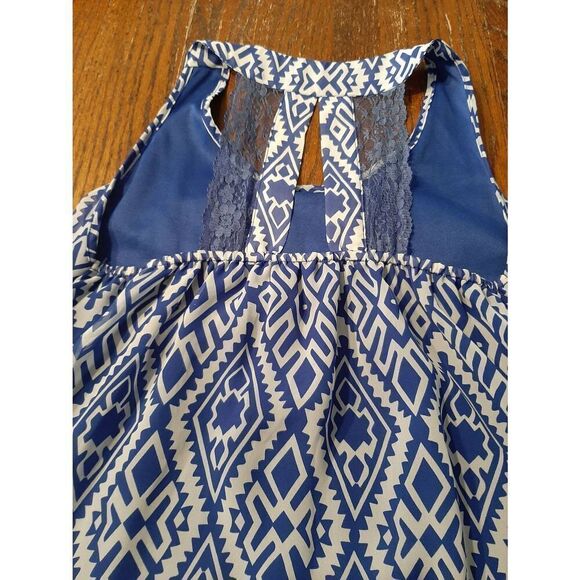 Small Umgee USA Blue White Sleeveless Open Lace Back Lined Mini Dress Sundress - Picture 4 of 4
